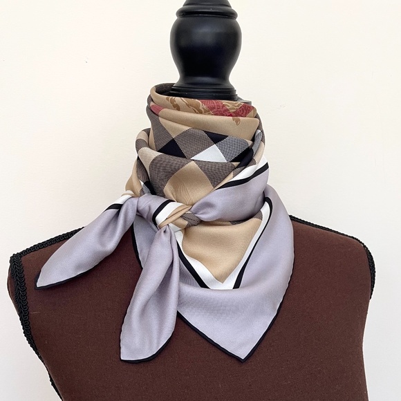 Display # 3 Burberry Scarf Classic Beige Check Gray Border Silk Wrap - Picture 13 of 15